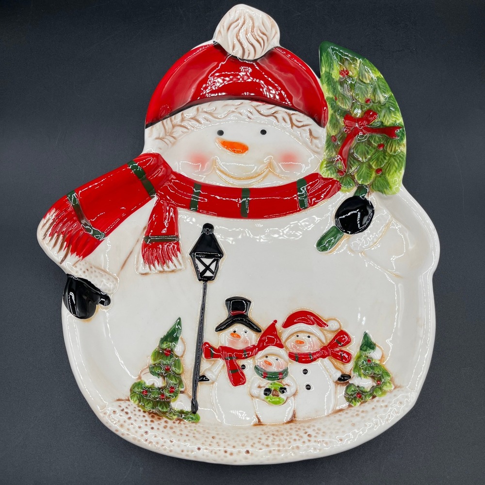 Transpac Snowman Family Ceramic Christmas Serving Platter Tray 13" x 10.5"